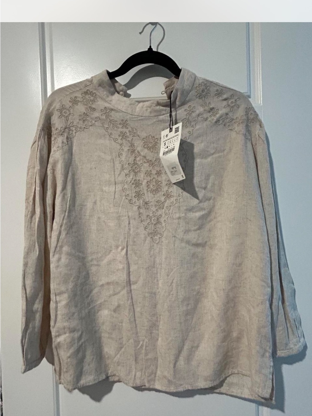Zara Light Beige Embroidered Linen Blouse